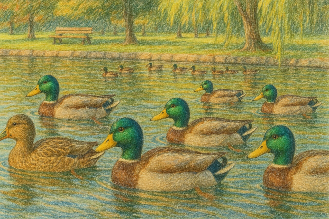 マガモとヨシガモの違いと識別ポイント マガモの群れ