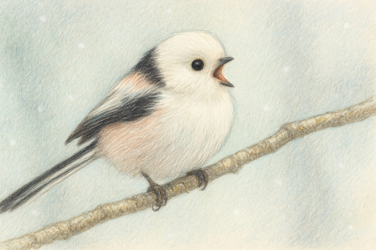 枝の上で鳴いているシマエナガ