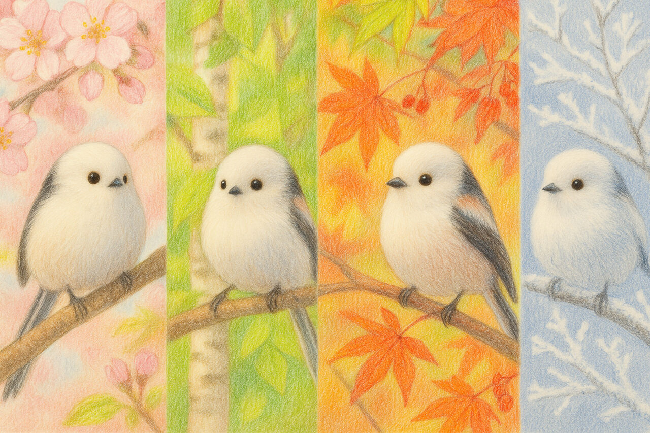 四季の背景とシマエナガ(桜・新緑・紅葉・雪)