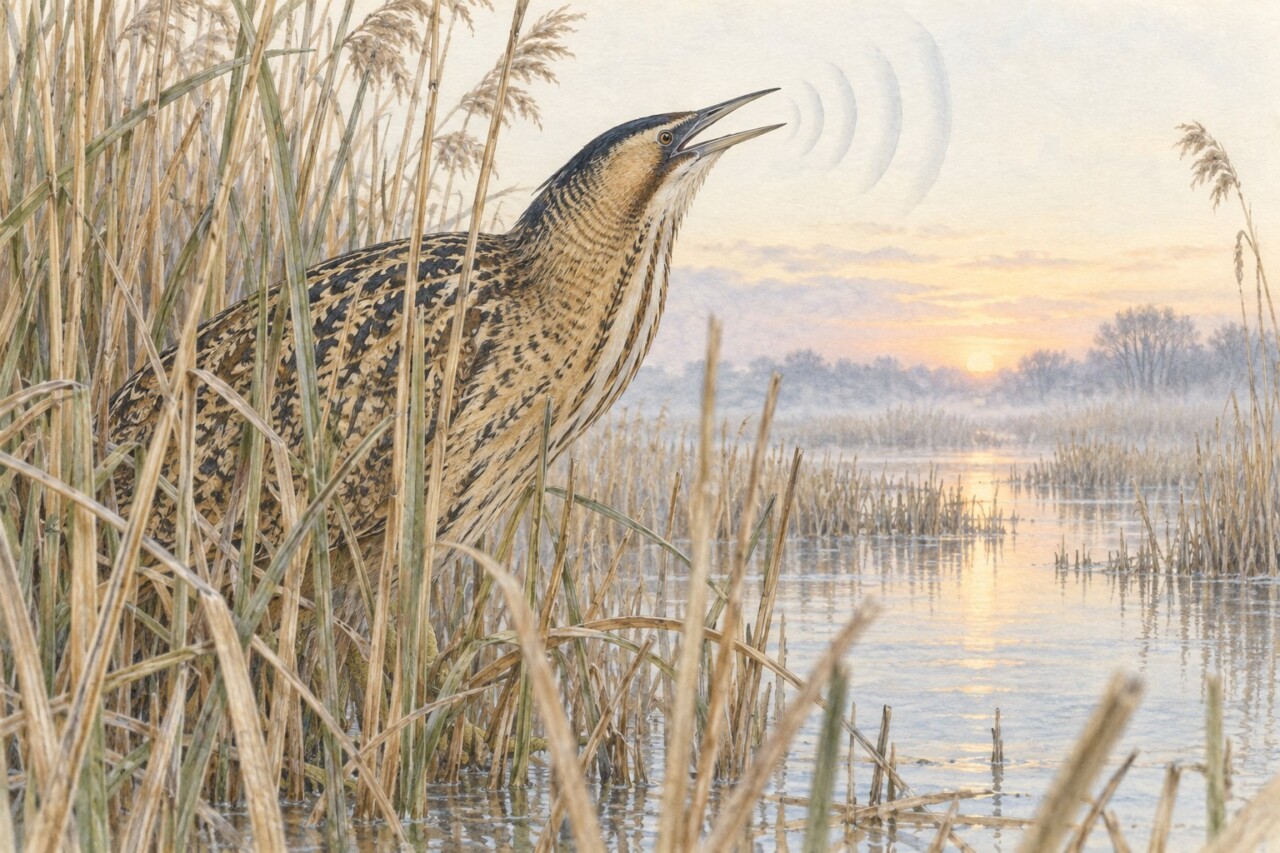 ヨシ原で低い声を出すサンカノゴイと夜明けの湿地を描いた色鉛筆画
