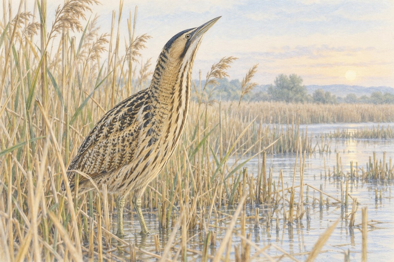 サンカノゴイがヨシ原に立ち、首を伸ばして擬態する姿を描いた淡い色鉛筆画