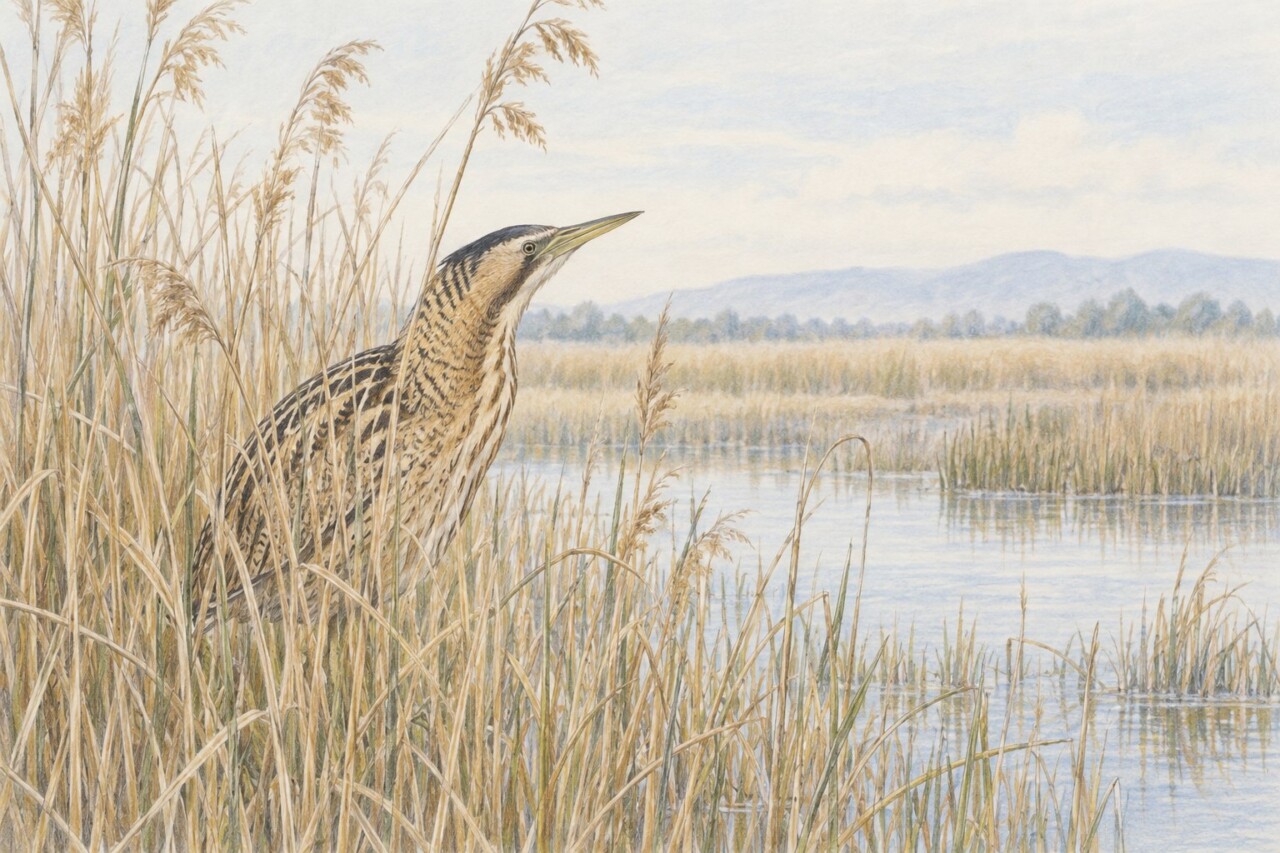 広いヨシ原に一羽で潜むサンカノゴイを描いた色鉛筆画