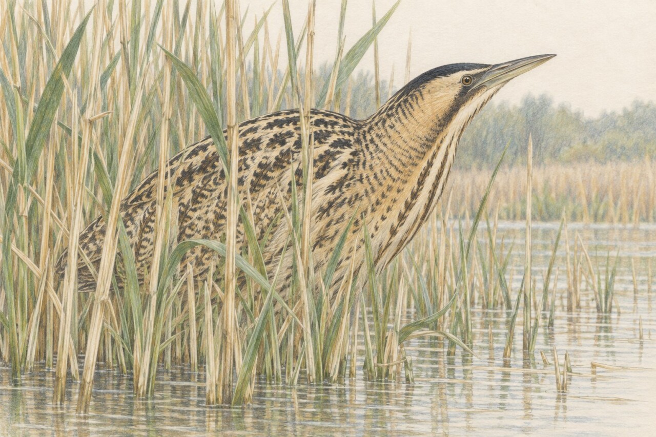 サンカノゴイの黒い頭頂、太いくちばし、黄褐色と暗色の斑を描いた色鉛筆画
