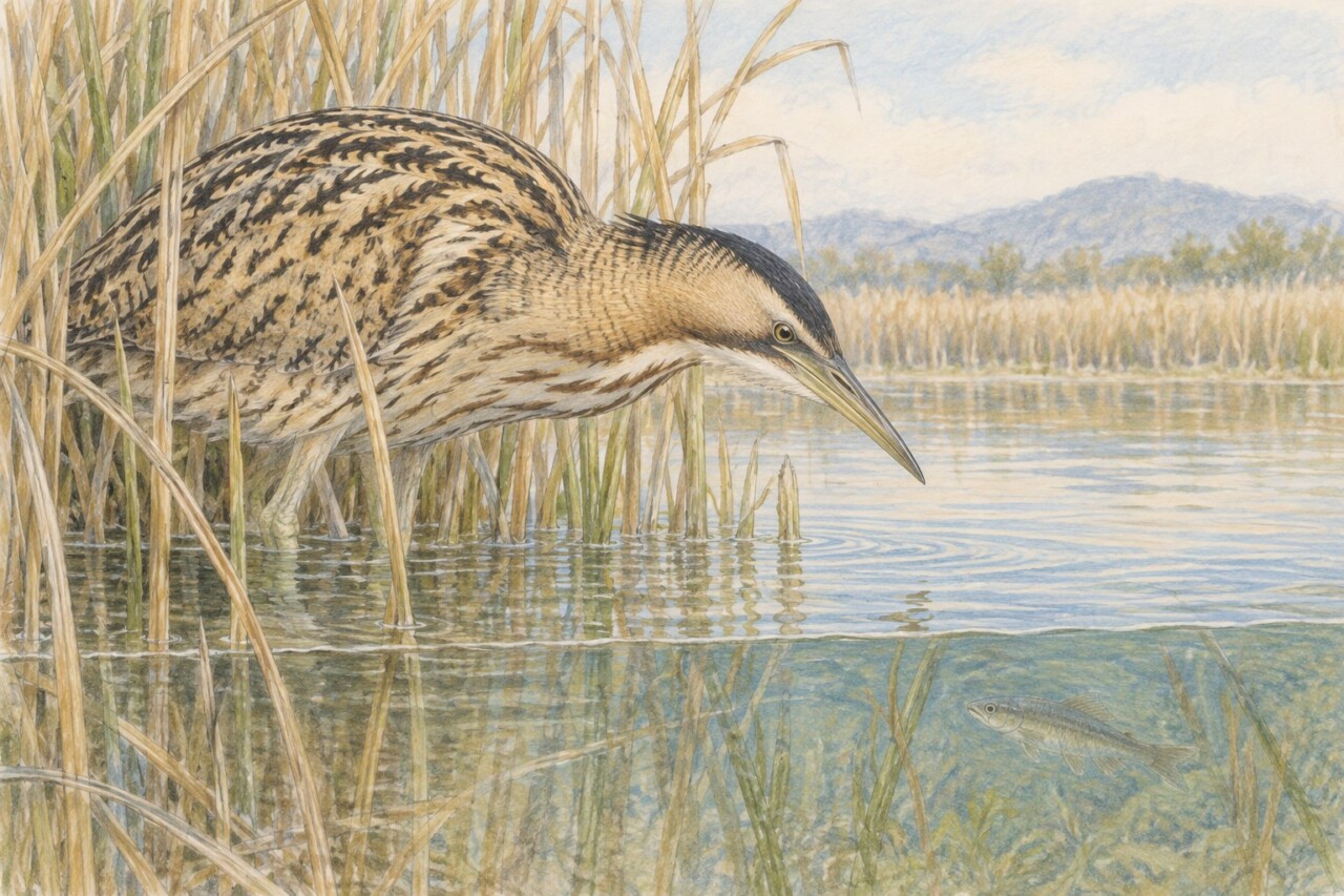 浅い水辺で魚を狙うサンカノゴイの採食姿を描いた色鉛筆画