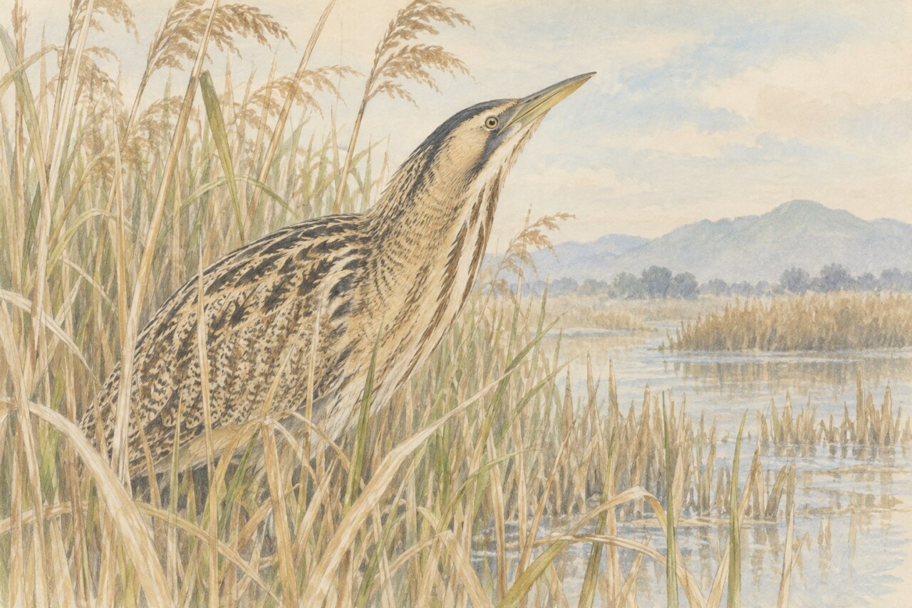 ヨシ原にたたずむサンカノゴイ「山家五位」を描いた色鉛筆画