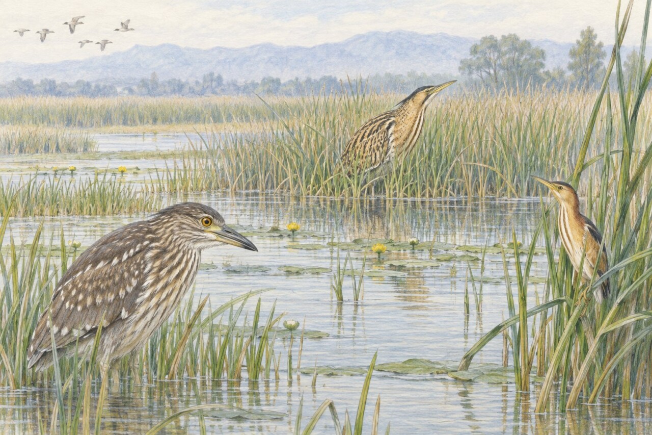 サンカノゴイ、ヨシゴイ、ホシゴイがいる湿地の色鉛筆画