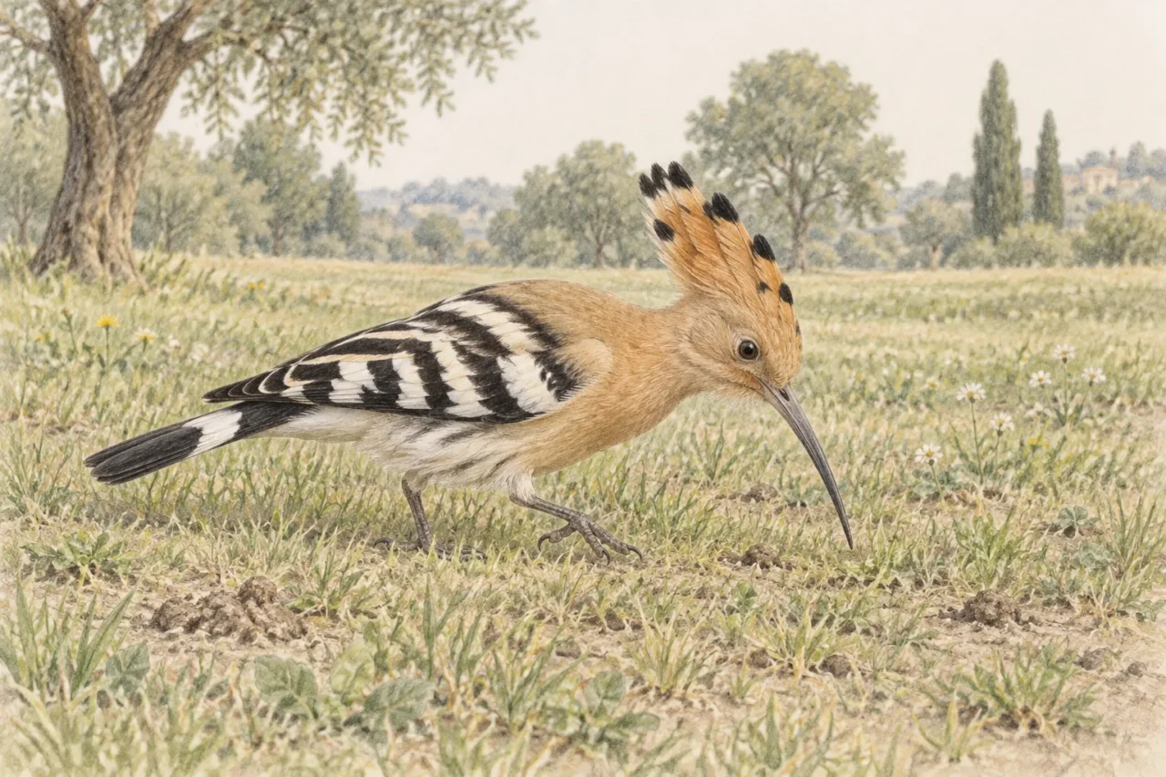 短い芝生の草地で歩きながら餌を探すヤツガシラを描いた色鉛筆画