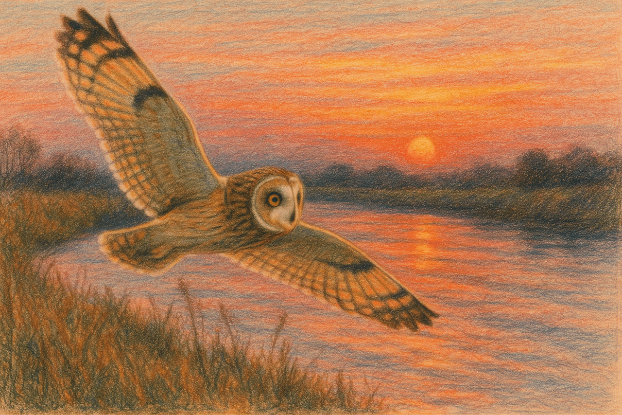 夕暮れの河川敷を飛ぶコミミズク