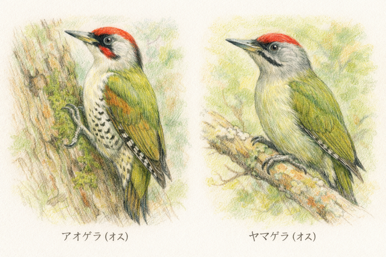 アオゲラとヤマゲラの違いと見分け方　オス同士の違い