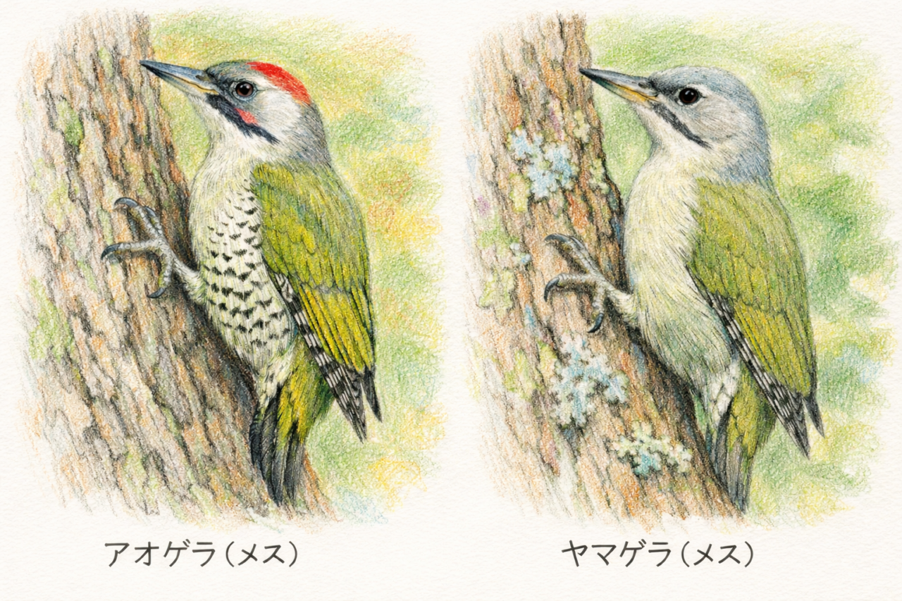 アオゲラとヤマゲラの違いと見分け方　メス同士の違い