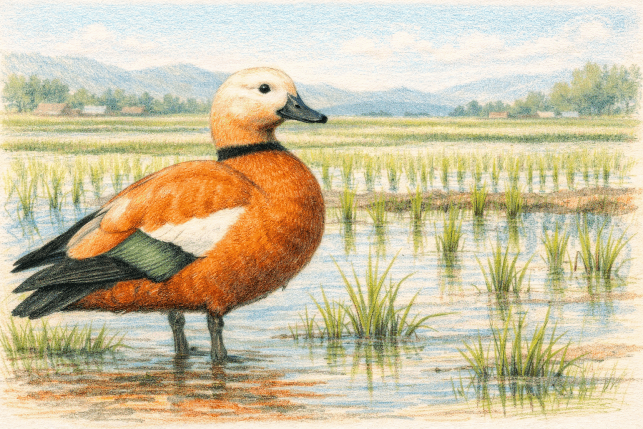 アカツクシガモ　田園地帯