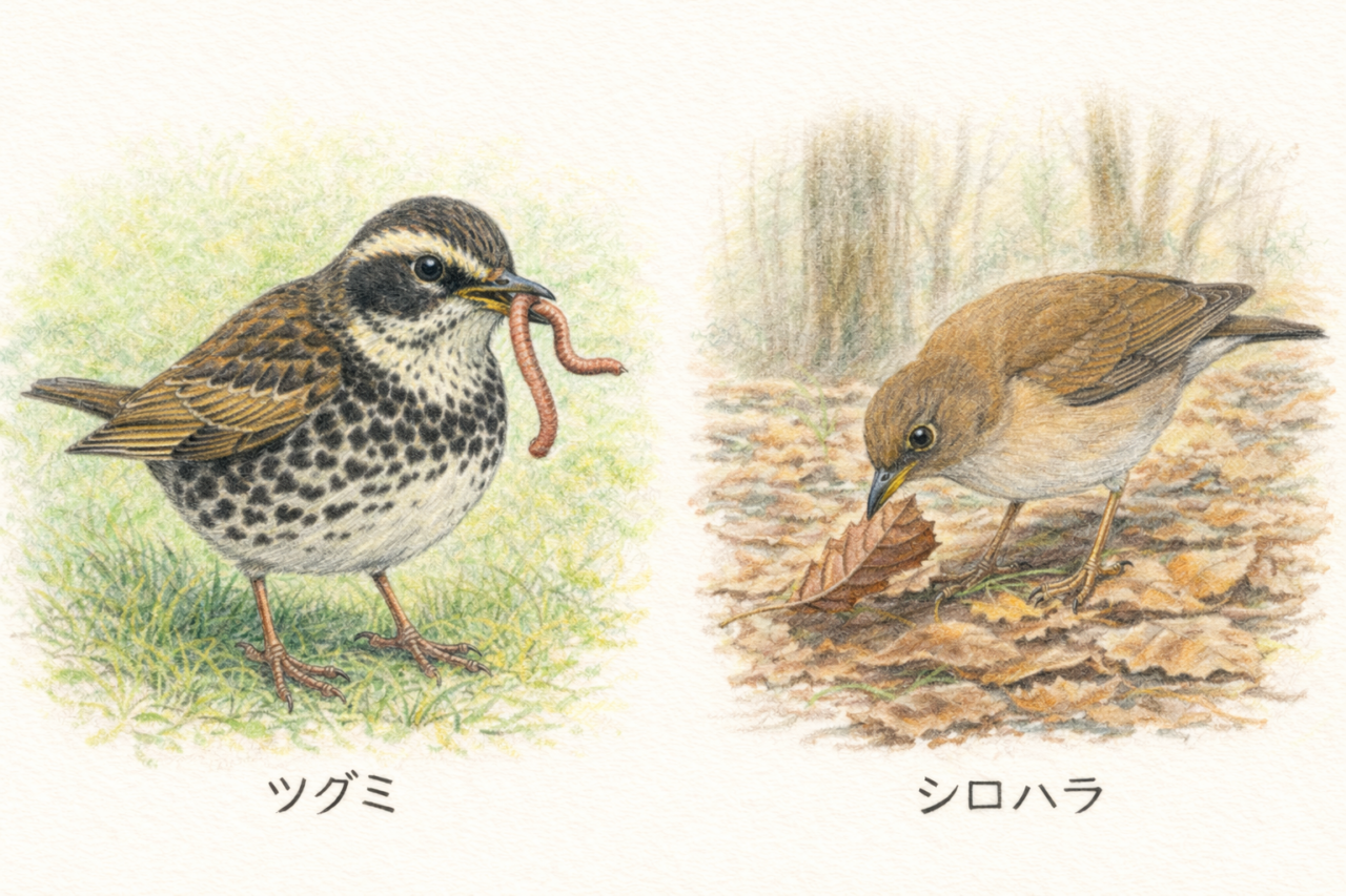 ツグミとシロハラの違いと見分け方　採餌行動の違い