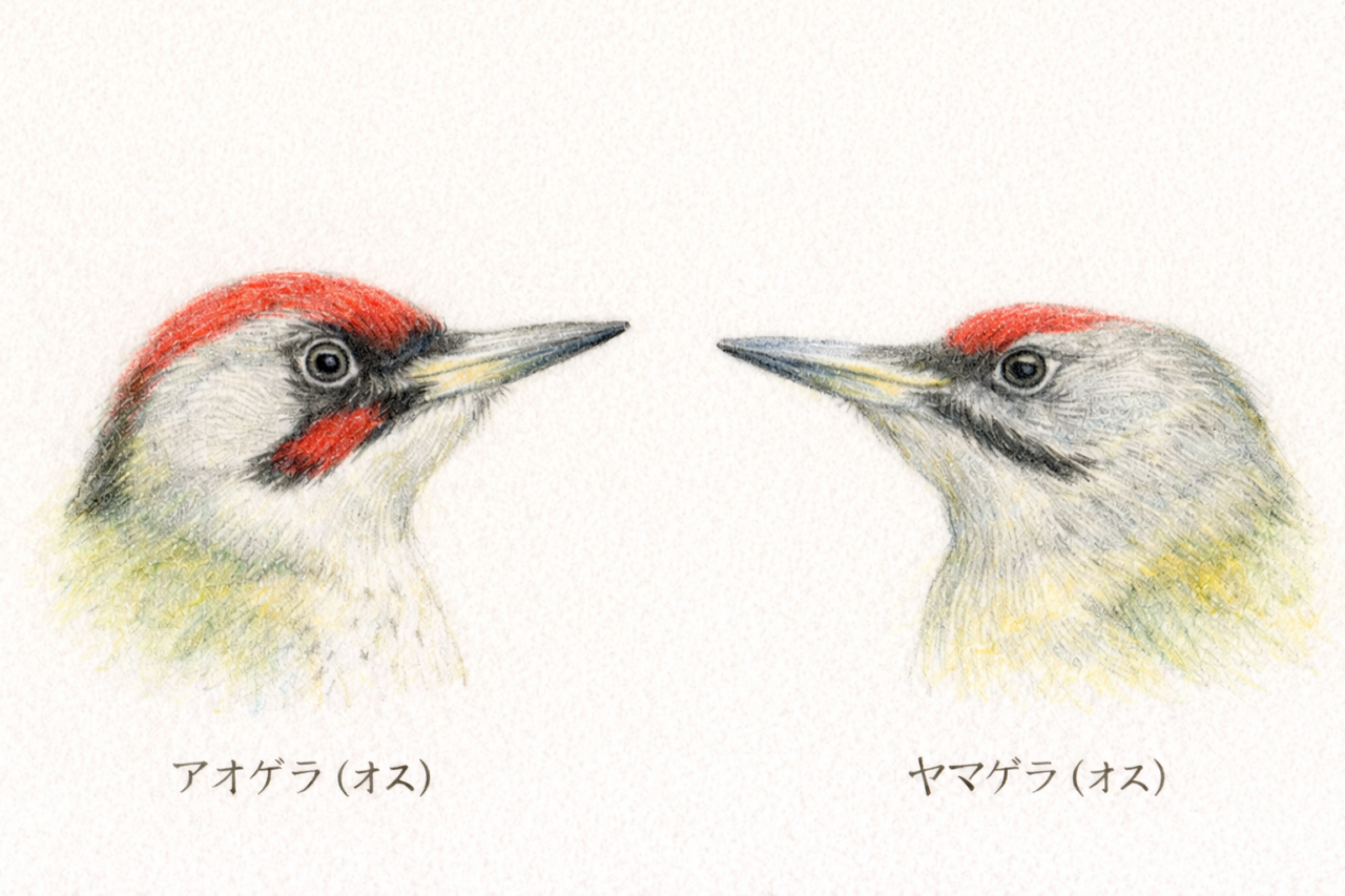 アオゲラとヤマゲラの違いと見分け方　オス同士の顔の違い
