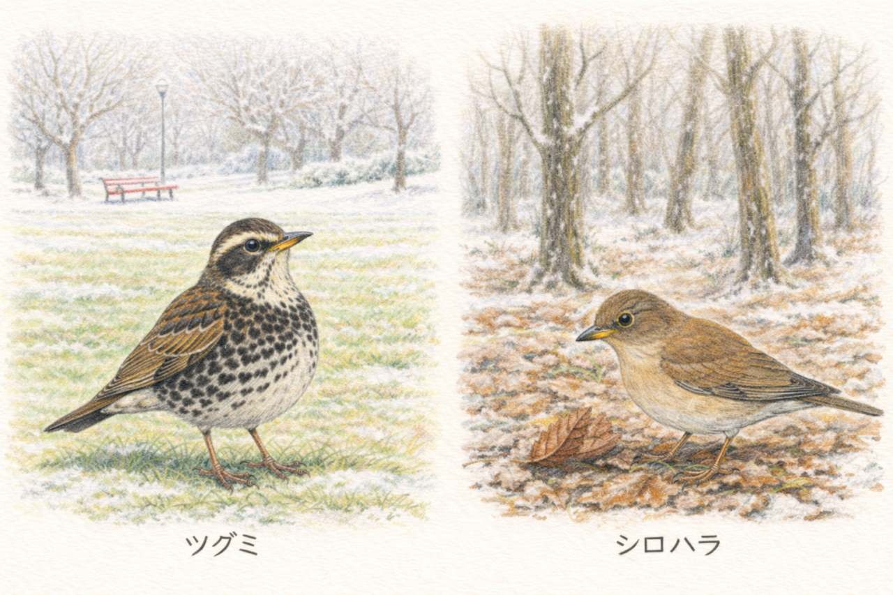 ツグミとシロハラの違いと見分け方　見られる場所の違い