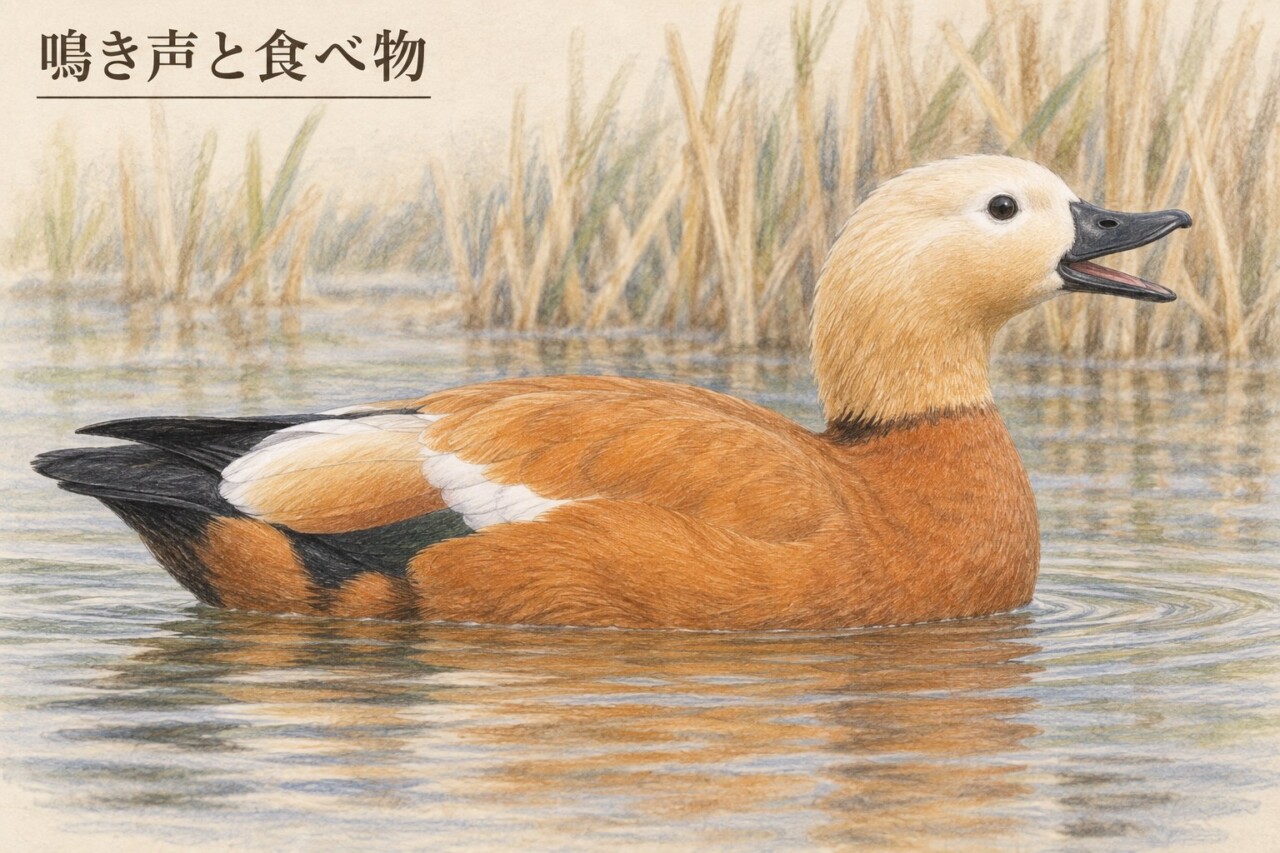 水辺でくちばしを開いて鳴くアカツクシガモ