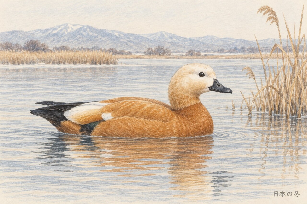 日本の冬の湖で泳ぐアカツクシガモ。周囲にヨシが生える水辺