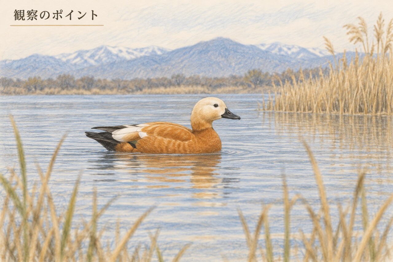 広い湖のヨシ原近くを泳ぐアカツクシガモを遠くから観察する構図