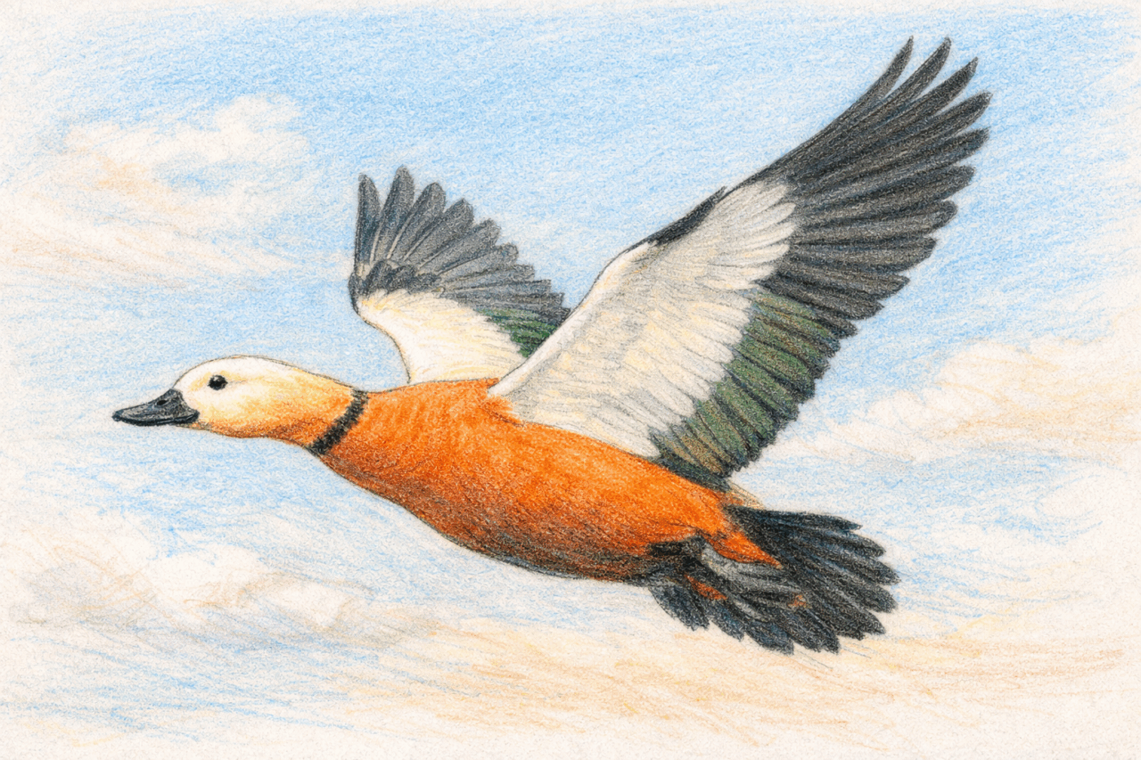 アカツクシガモ　飛翔