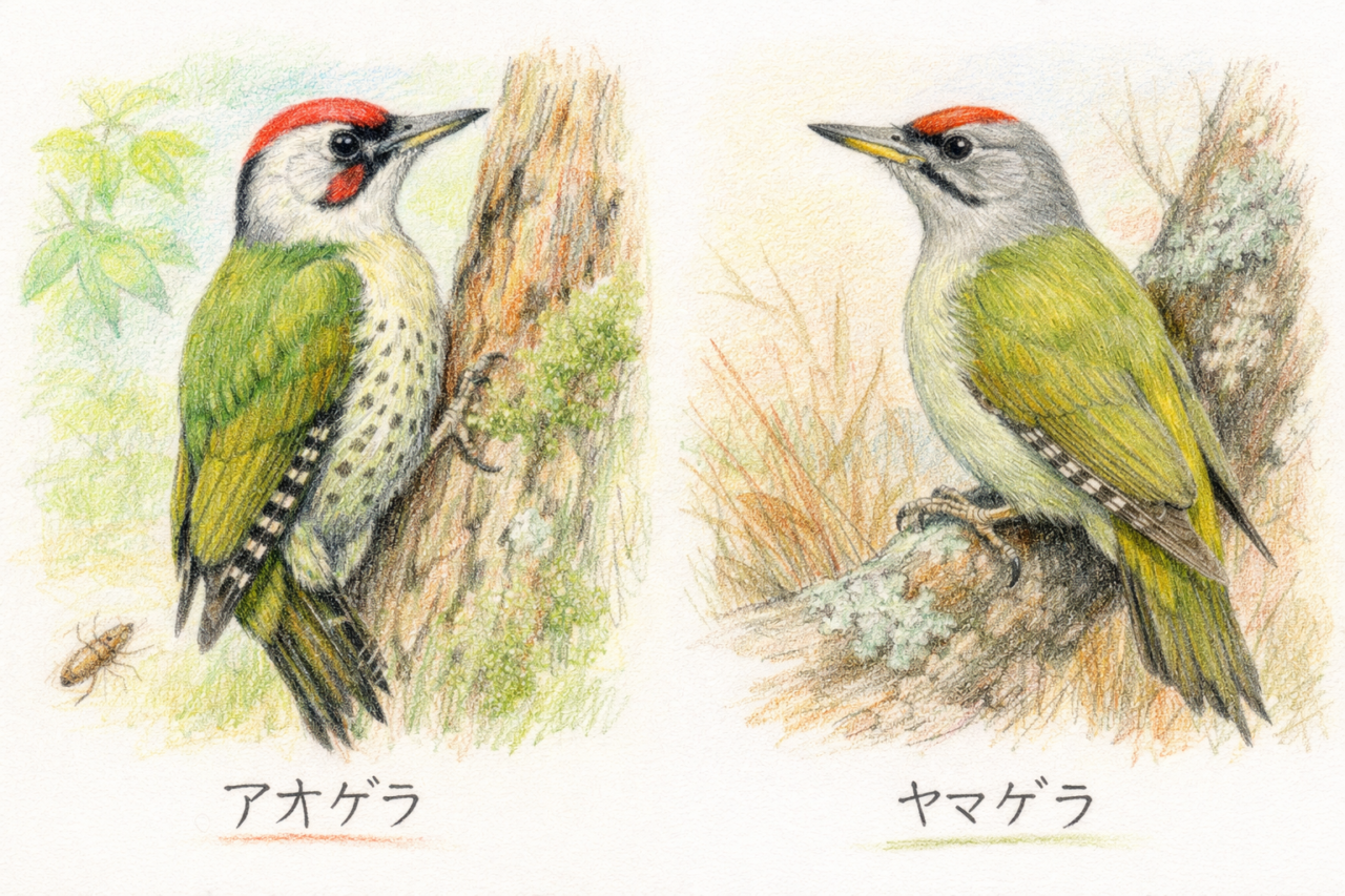 アオゲラとヤマゲラの違いと見分け方　オス同士の顔の違い