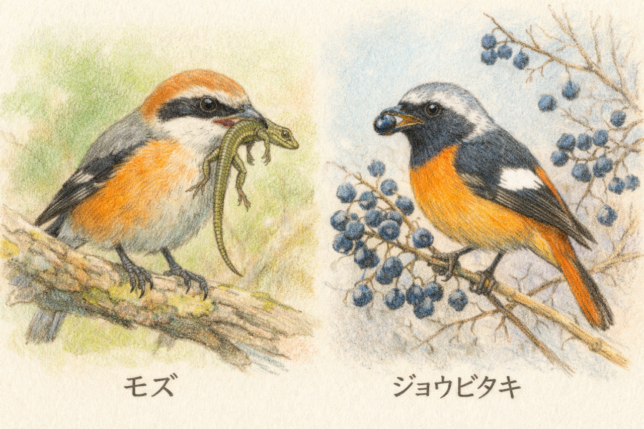 モズとジョウビタキの違いと見分け方　食性の違い