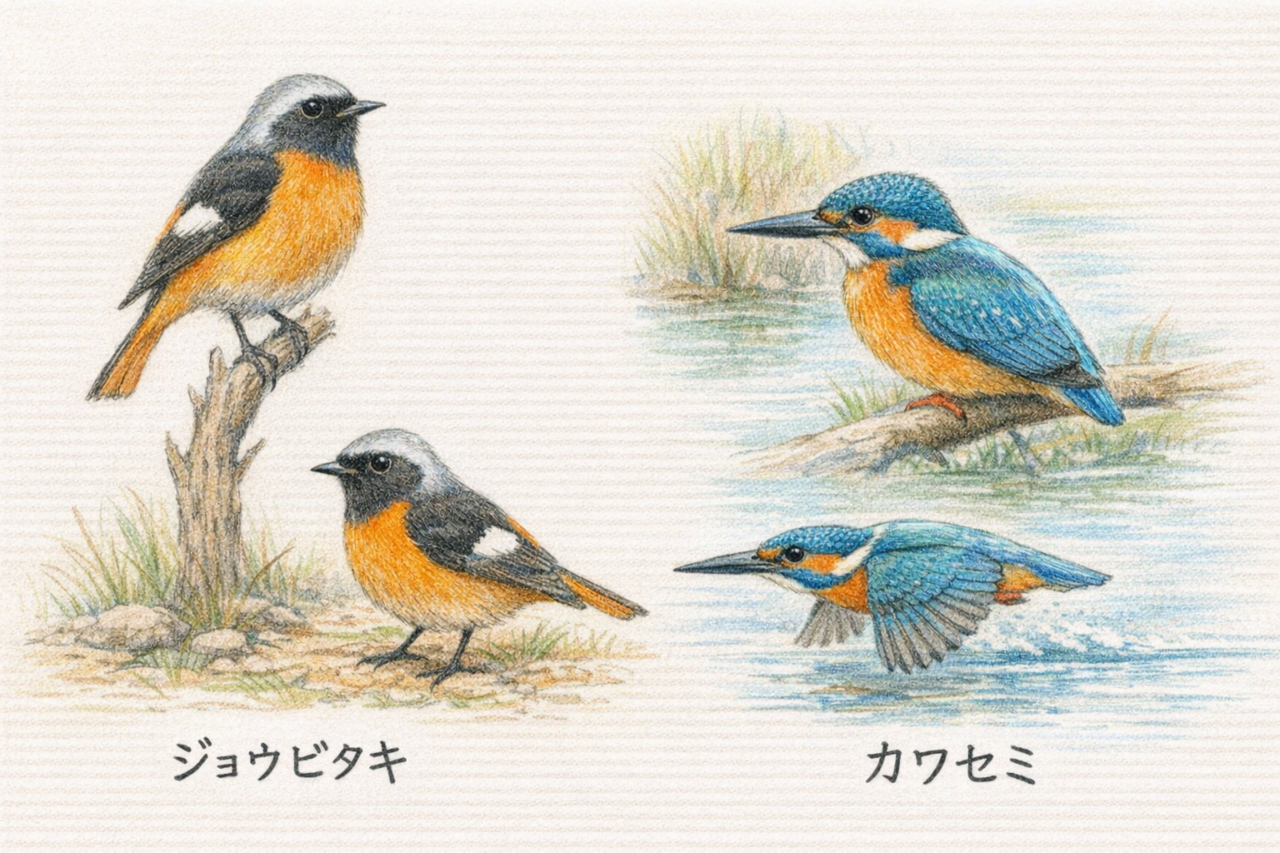 ジョウビタキとカワセミの違いと見分け方 習性・行動の違い