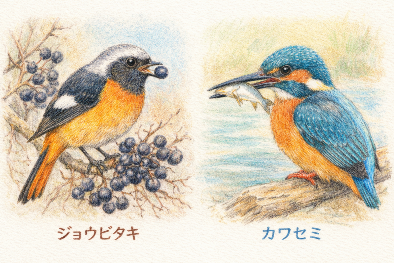 ジョウビタキとカワセミの違いと見分け方 食性の違い