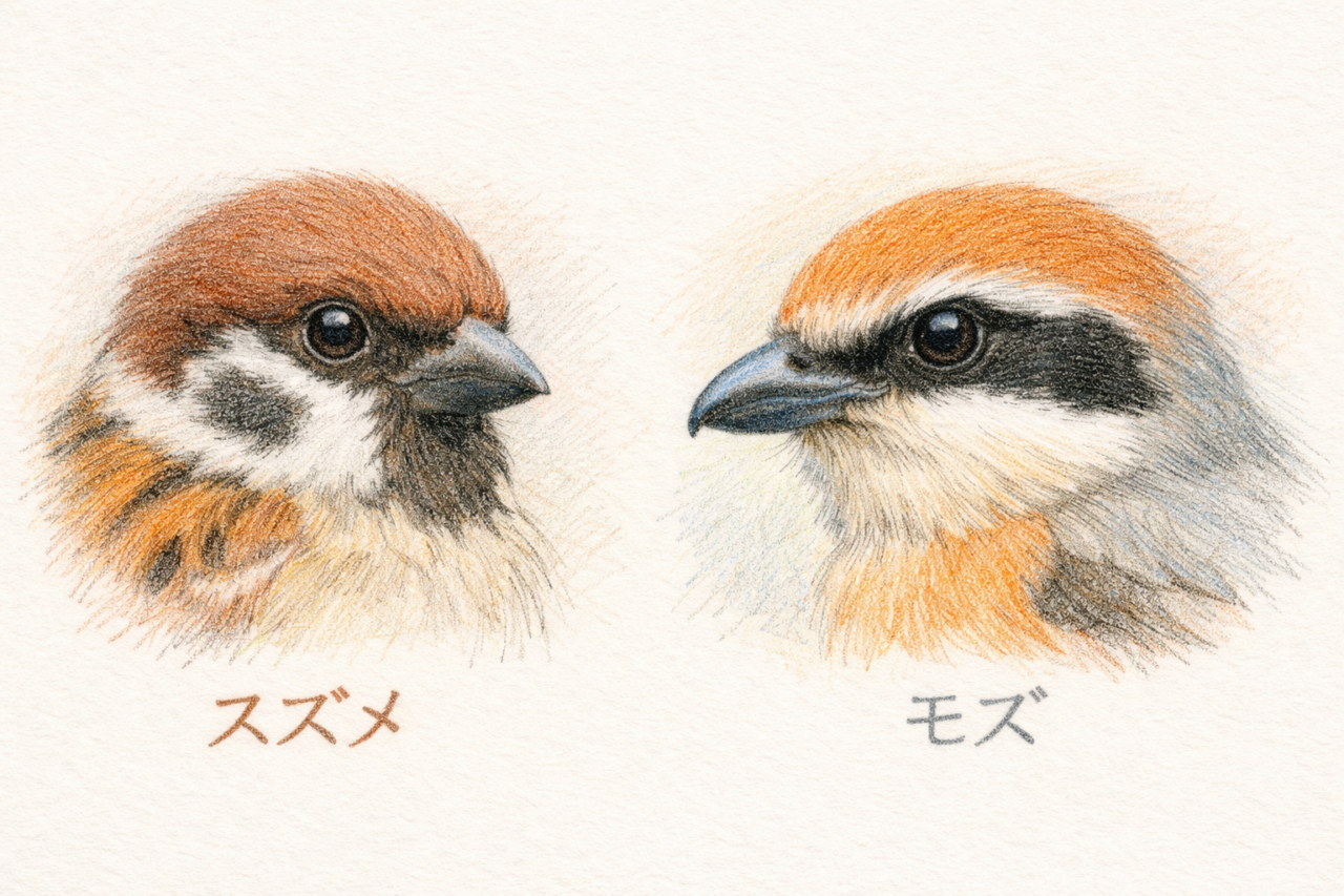 スズメとモズの違いと見分け方　顔とくちばしの違い