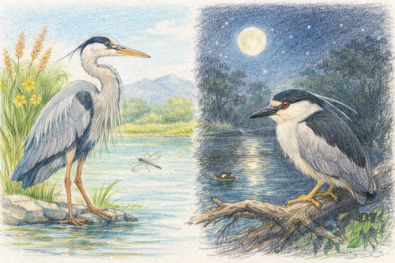 アオサギとゴイサギの違いと見分け方　見られる時間帯の違い