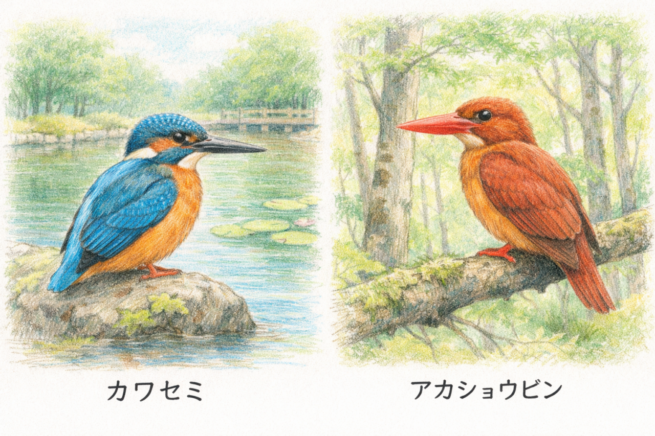 カワセミとアカショウビンの違いと見分け方 生息環境の違い