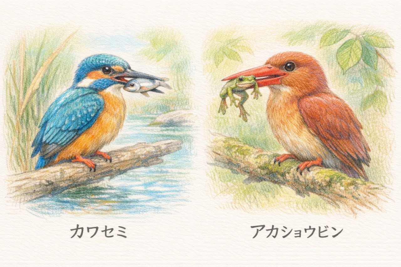 カワセミとアカショウビンの違いと見分け方 食性の違い