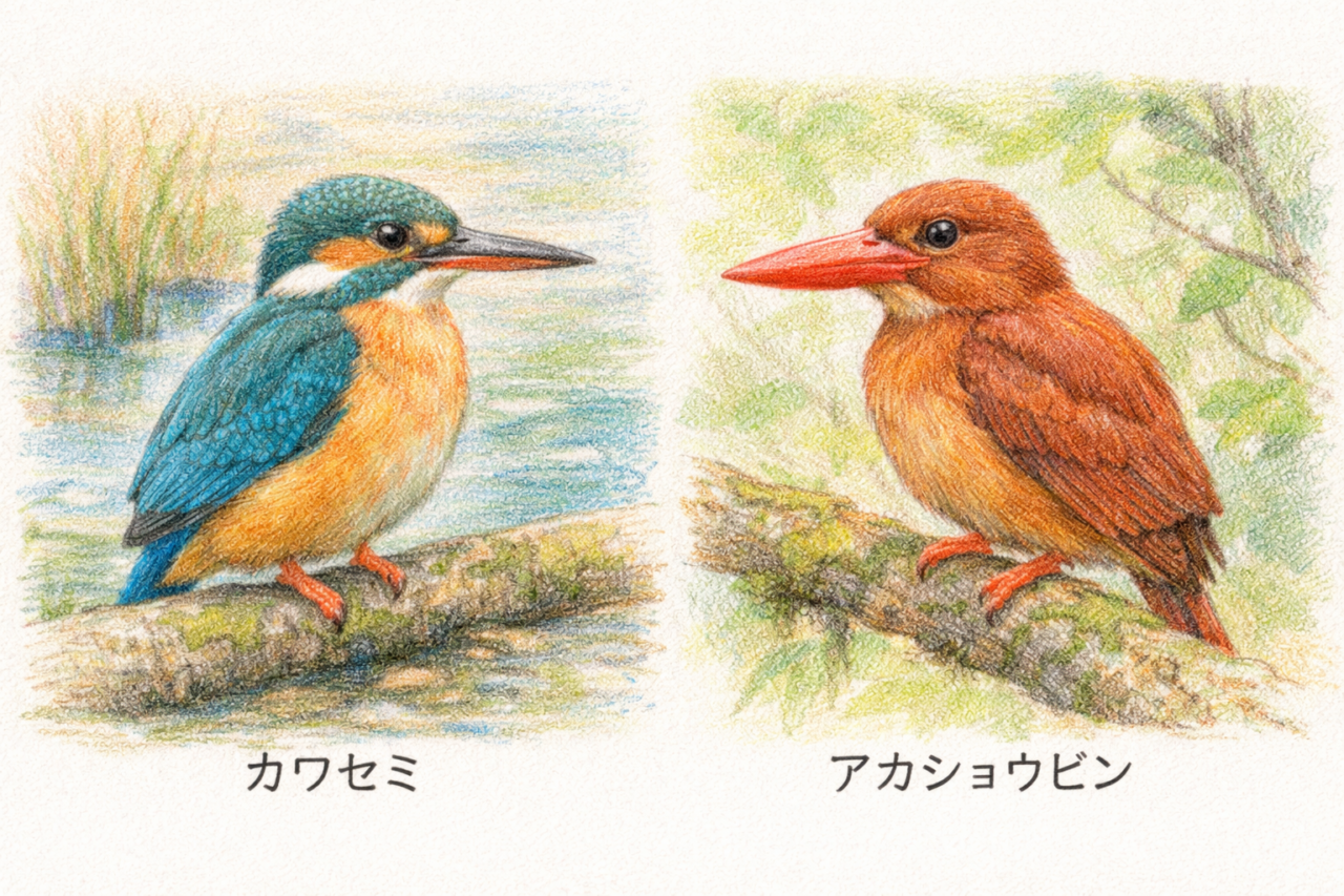 カワセミとアカショウビンの違いと見分け方 メス同士の違い