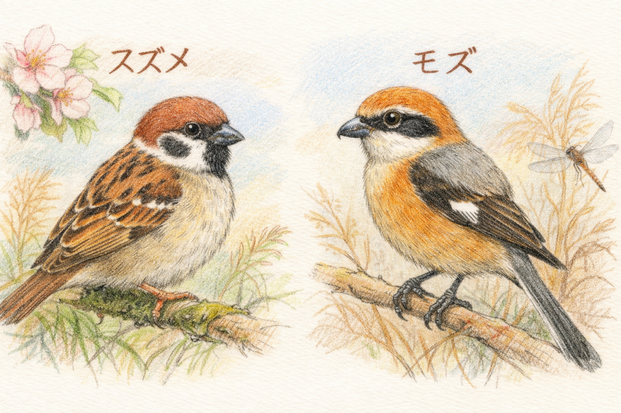 スズメとモズの違いと見分け方　羽毛の色・模様の違い
