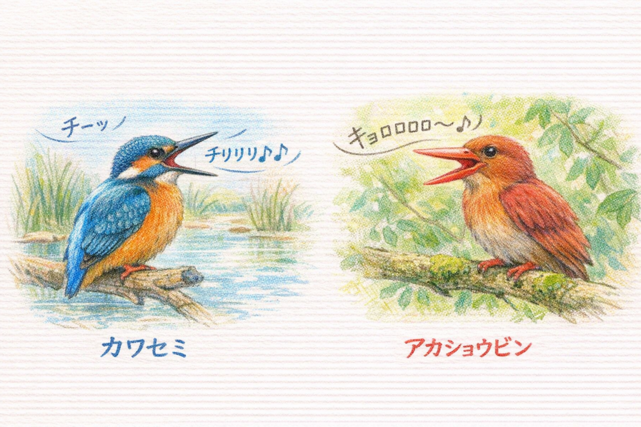 カワセミとアカショウビンの違いと見分け方 鳴き声の違い