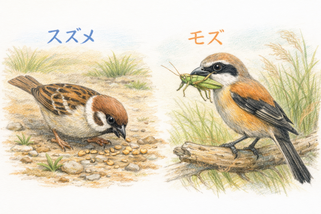 スズメとモズの違いと見分け方　食性の違い