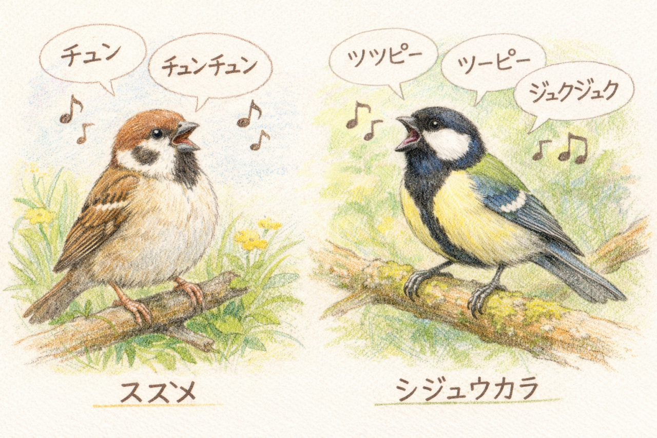 スズメとシジュウカラの違いと見分け方　鳴き声の違い