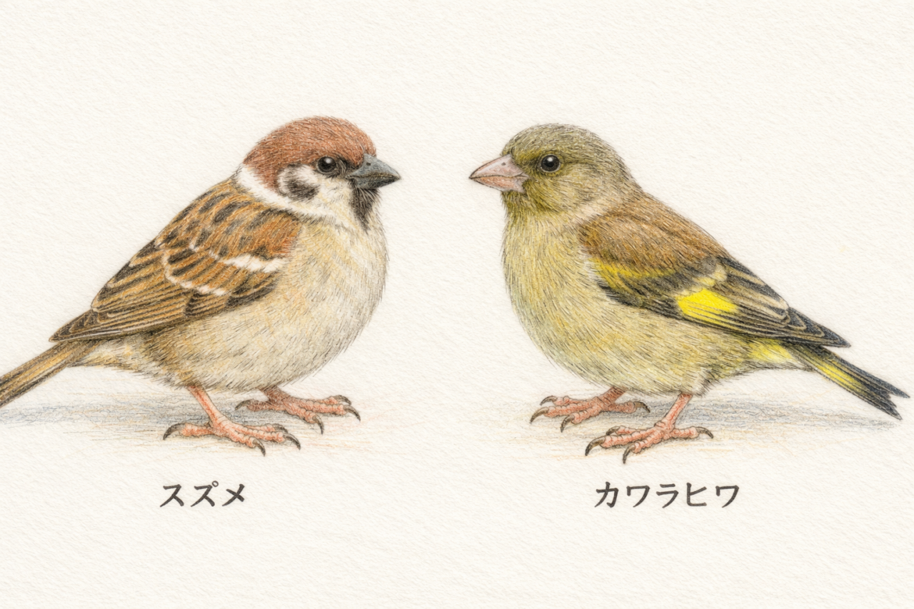 スズメとカワラヒワの違いと見分け方 メス同士の違い