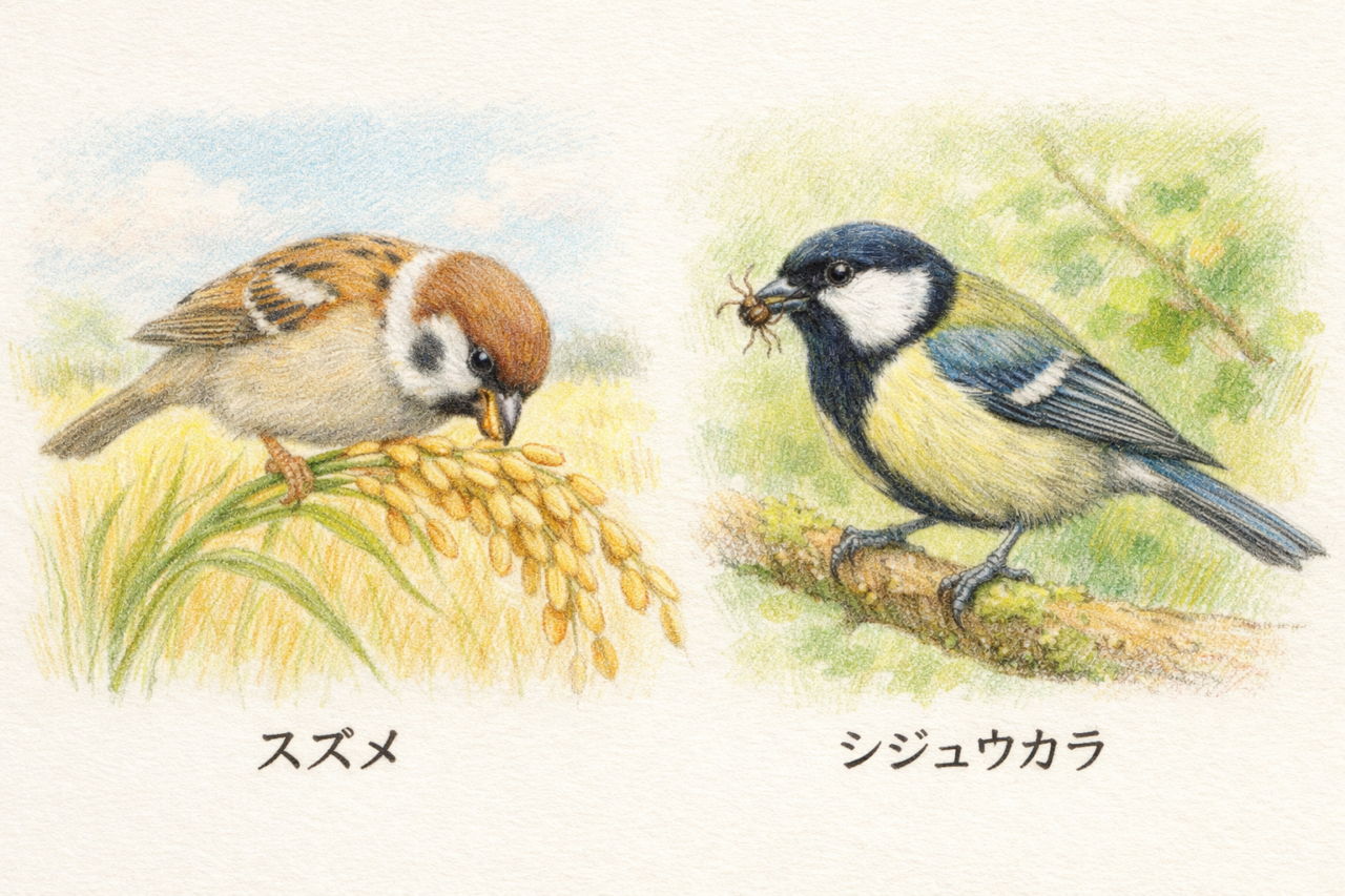 スズメとシジュウカラの違いと見分け方　食性の違い