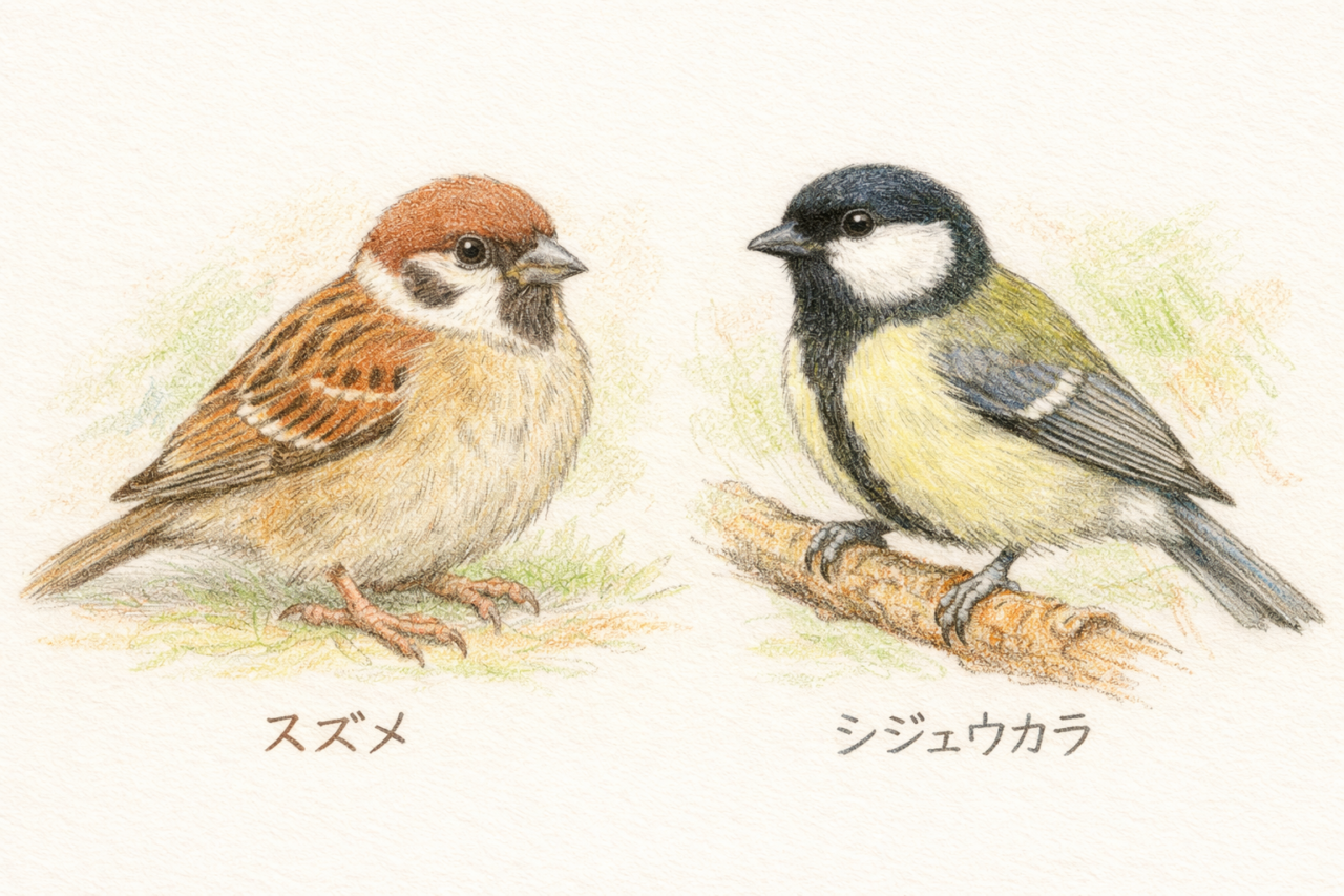 スズメとシジュウカラの違いと見分け方　メス同士の違い
