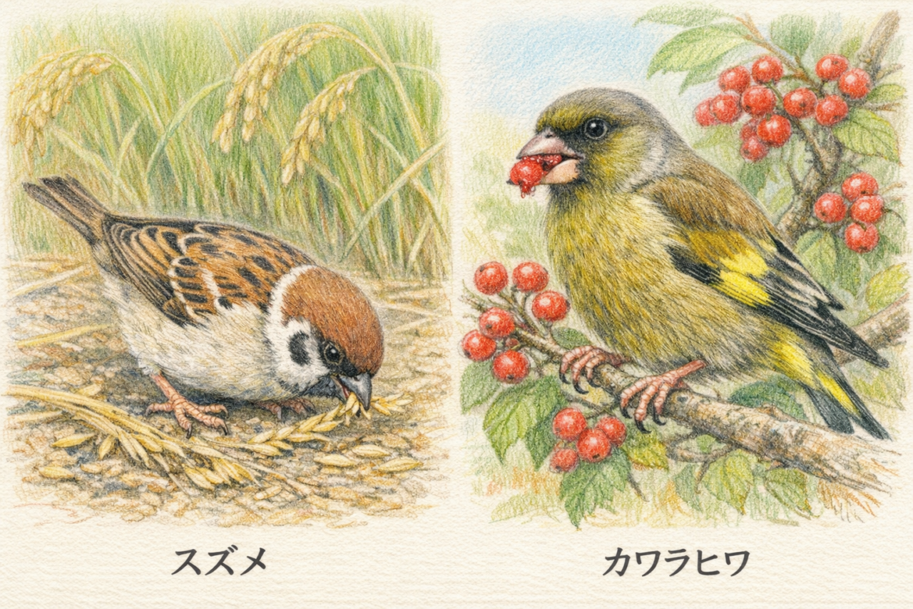 スズメとカワラヒワの違いと見分け方 食性の違い