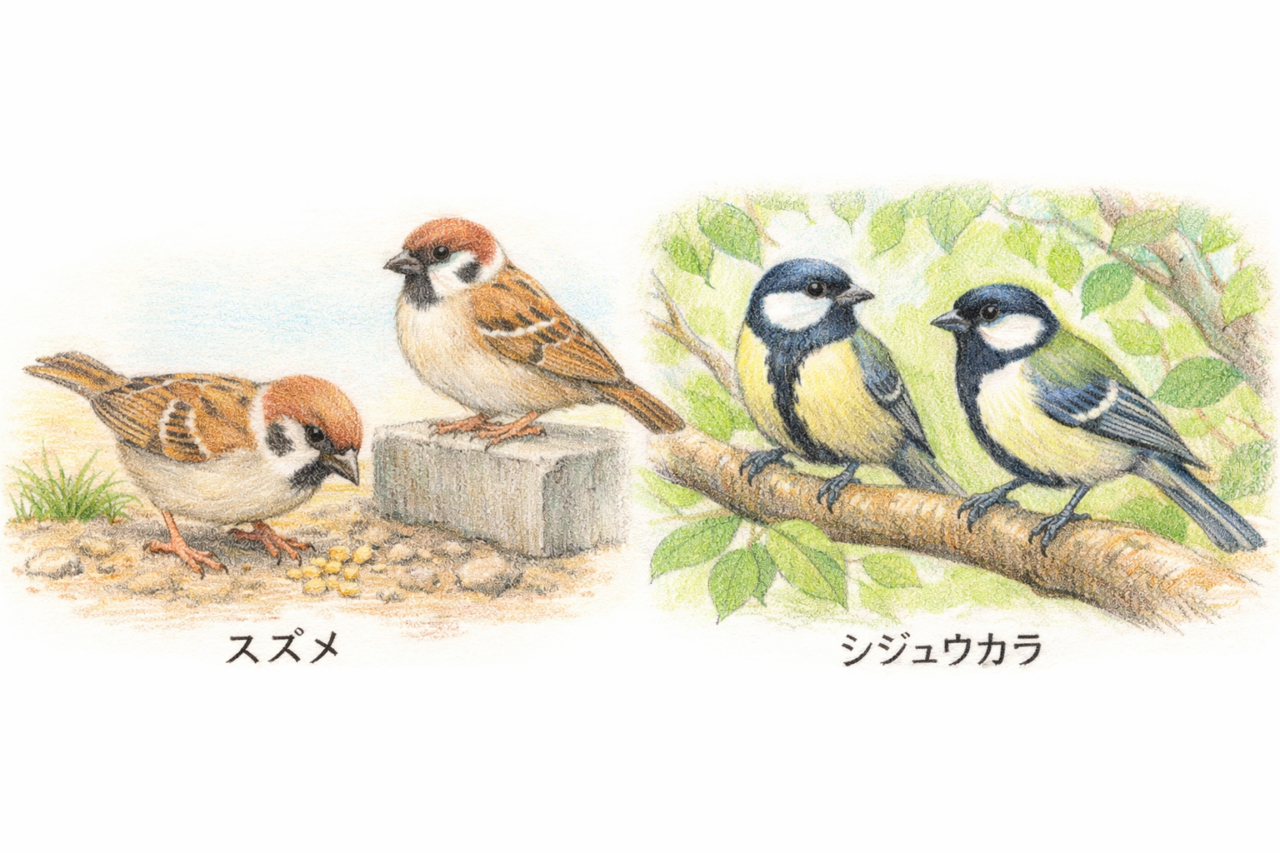 スズメとシジュウカラの違いと見分け方　習性・行動の違い