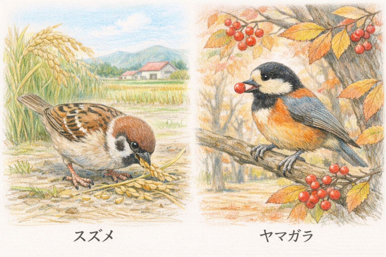 スズメとヤマガラの違いと見分け方 食性の違い