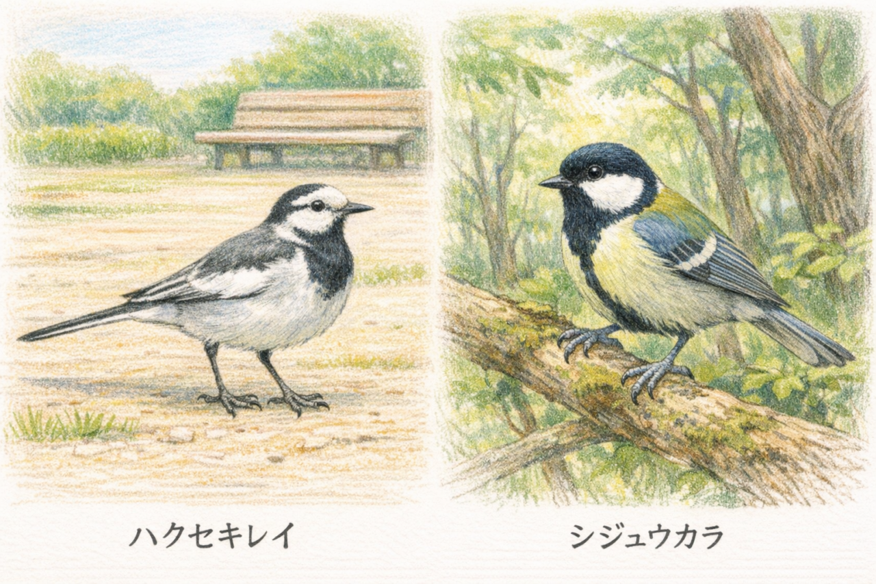 ハクセキレイとシジュウカラの違いと見分け方　見られる時期の違い
