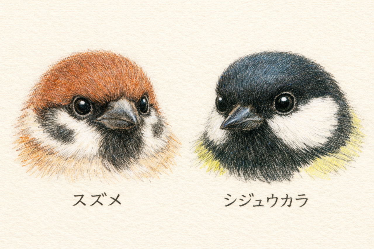 スズメとシジュウカラの違いと見分け方　顔の違い