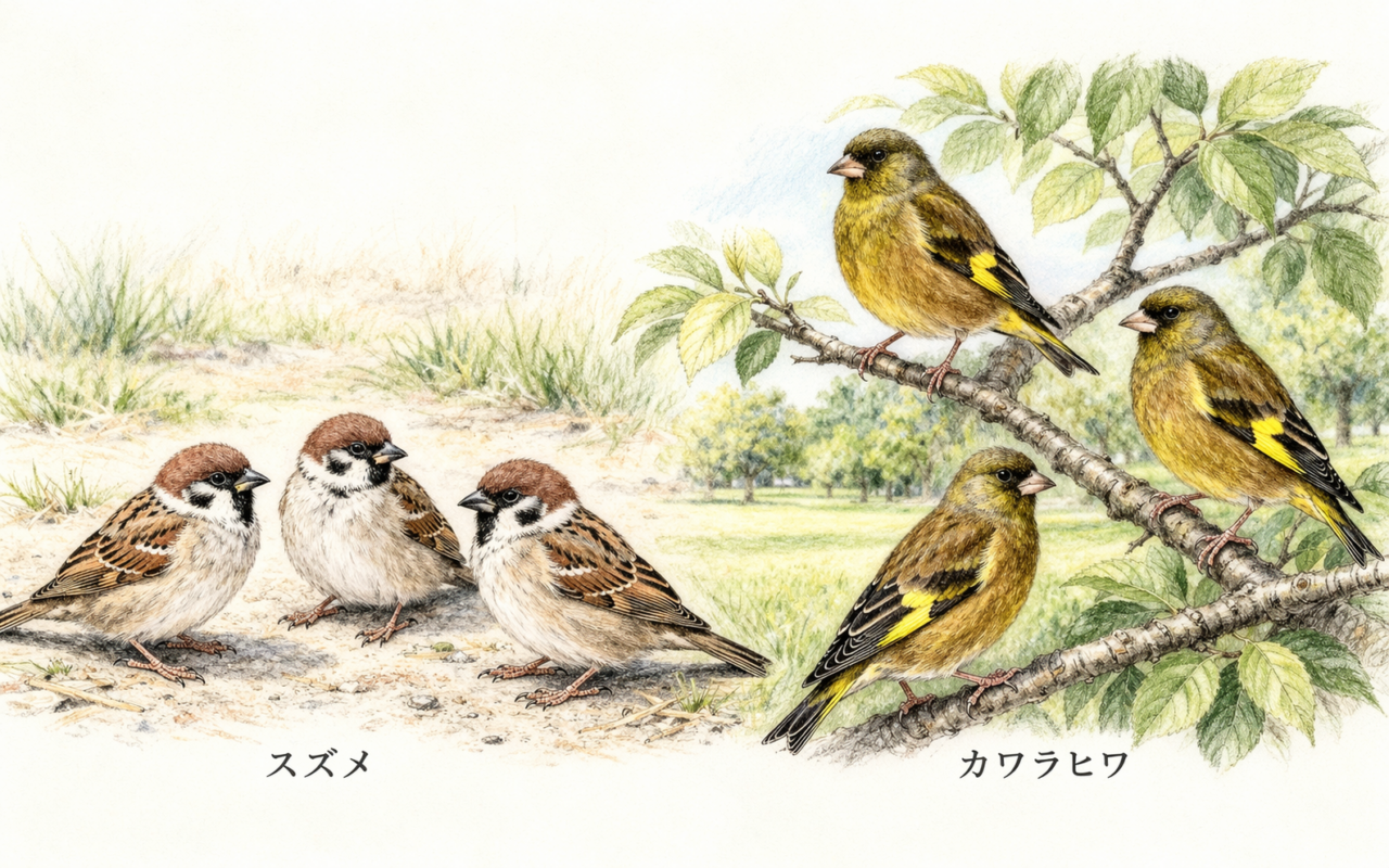 スズメとカワラヒワの違いと見分け方 習性・行動の違い
