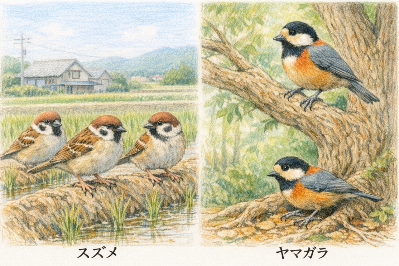 スズメとヤマガラの違いと見分け方 習性・行動の違い