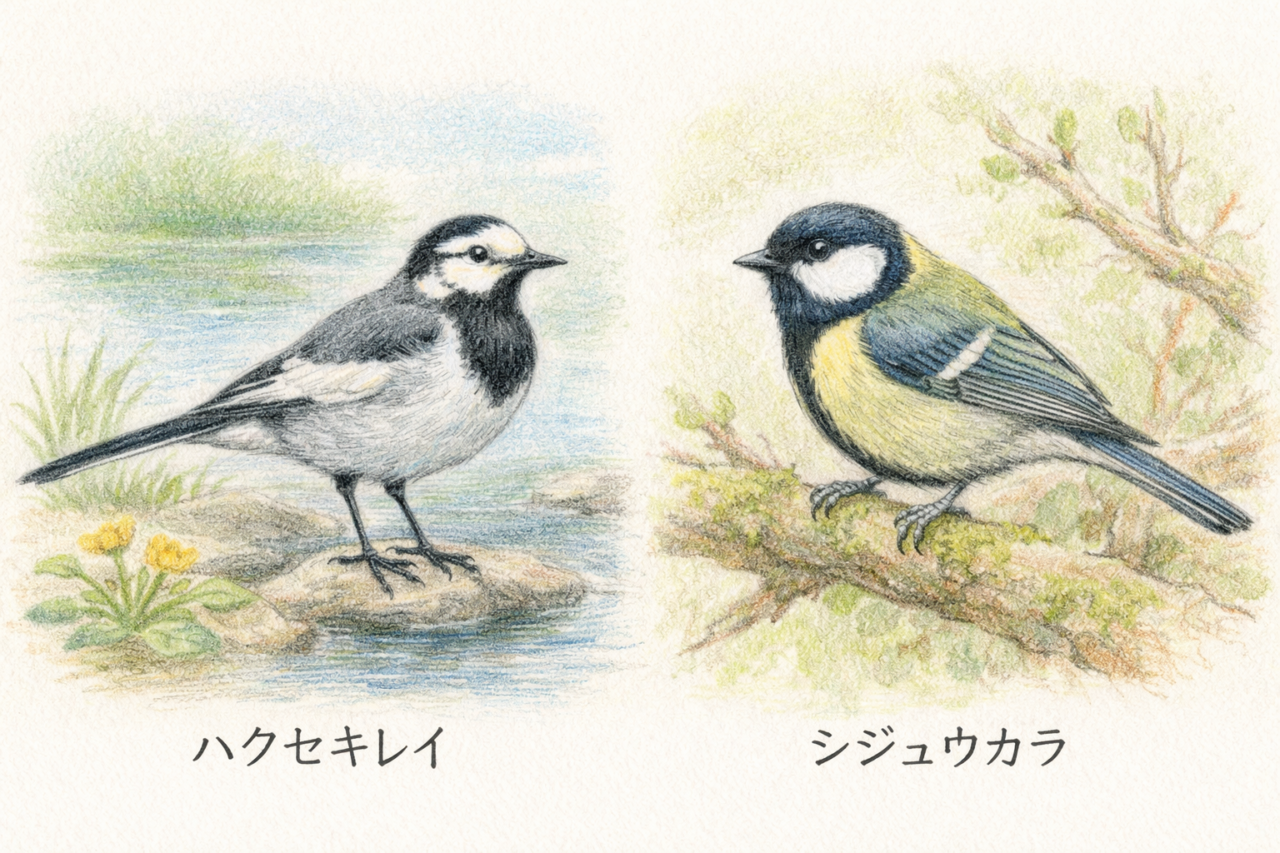 ハクセキレイとシジュウカラの違いと見分け方　配色の違い