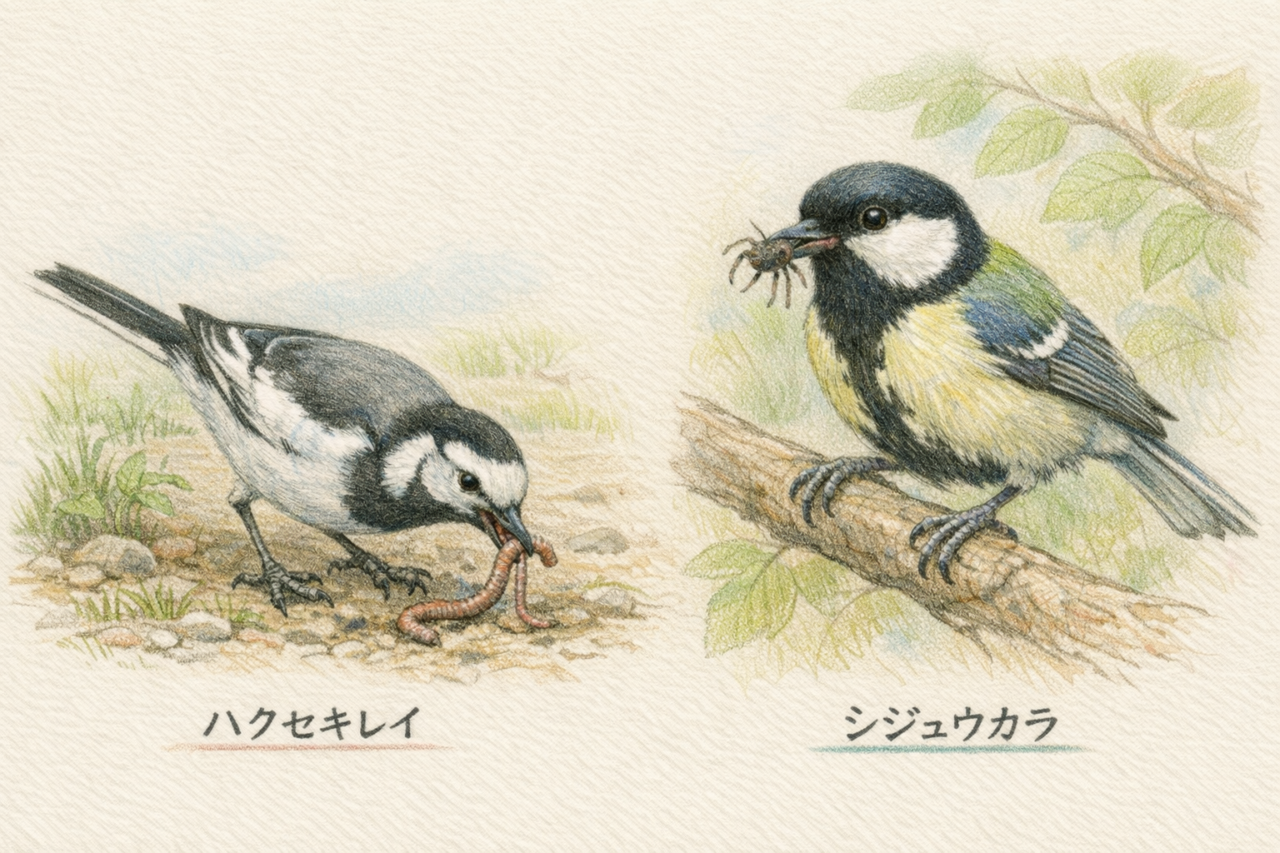 ハクセキレイとシジュウカラの違いと見分け方　食性の違い