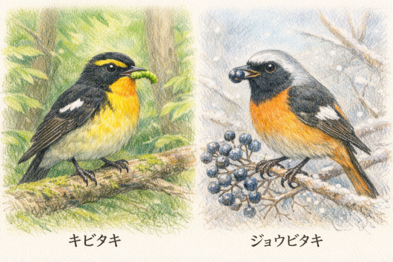 キビタキとジョウビタキの違いと見分け方 食性の違い
