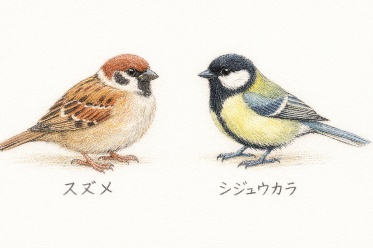 スズメとシジュウカラの違いと見分け方　配色の違い