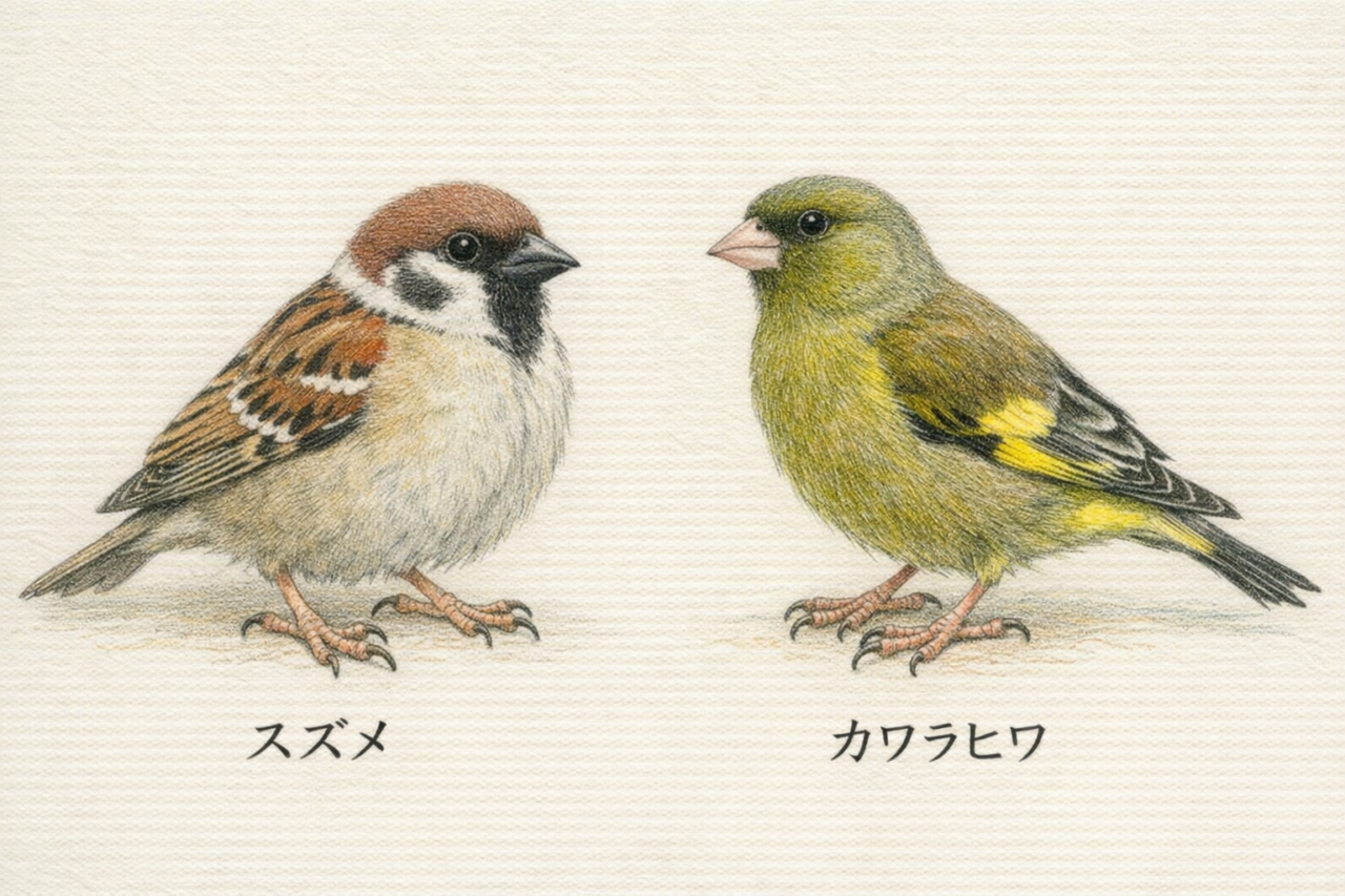 スズメとカワラヒワの違いと見分け方 配色の違い